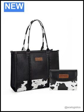 Cow Print Tote Handbag and Trifold Wallet Set with RFID Blocking